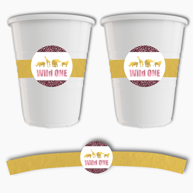 Rose Pink & Gold Wild One Birthday Party Cup Stickers