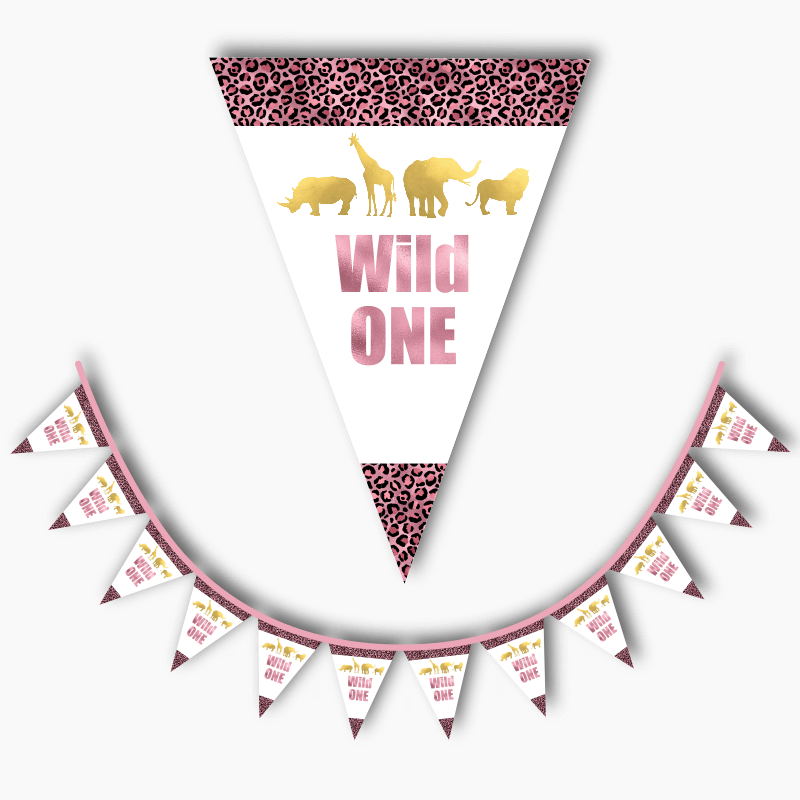 Personalised Rose Pink &amp; Gold Wild One Birthday Party Flag Bunting