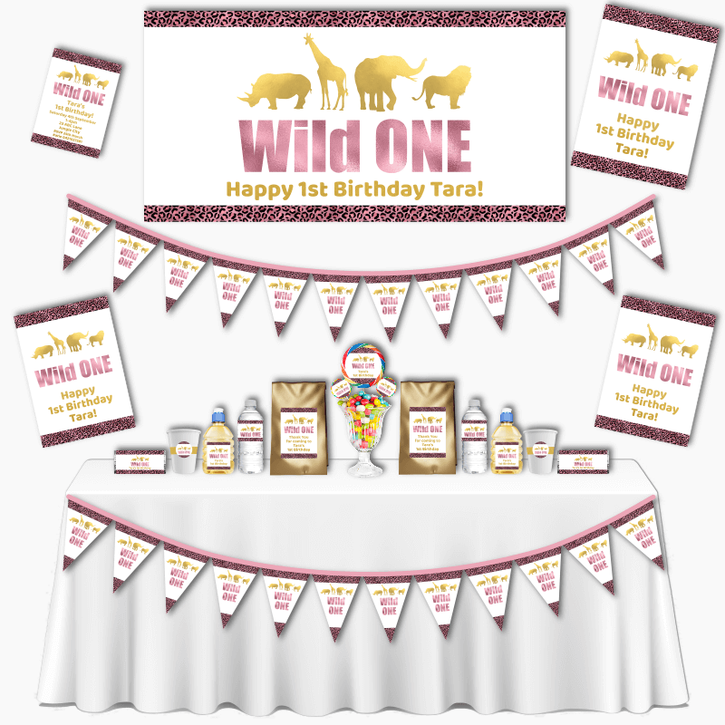 Personalised Rose Pink &amp; Gold Wild One Grand Birthday Party Decorations Pack