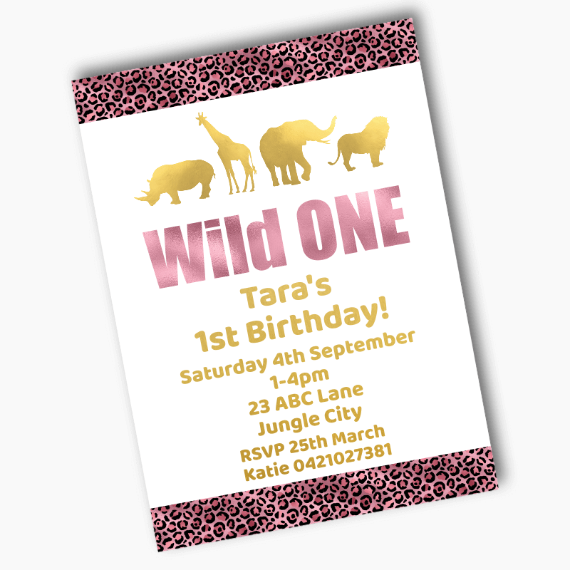 Personalised Rose Pink &amp; Gold Wild One Birthday Party Invites