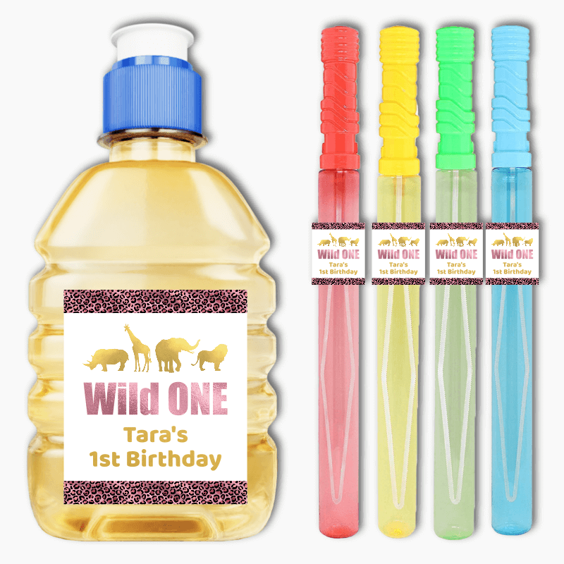 Personalised Rose Pink & Gold Wild One Birthday Party Rectangle Favour Stickers