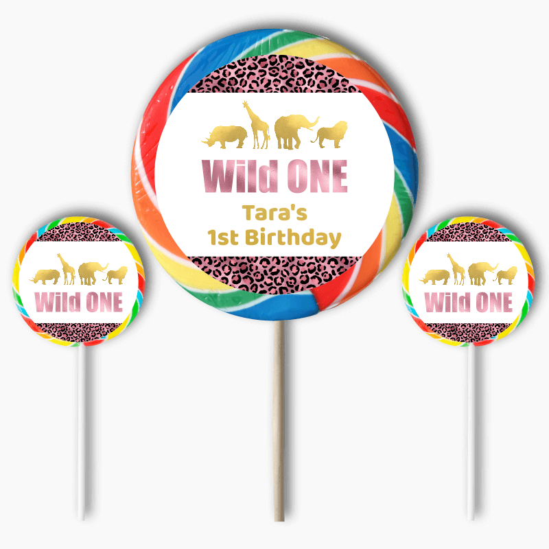 Personalised Rose Pink & Gold Wild One Birthday Party Round Stickers