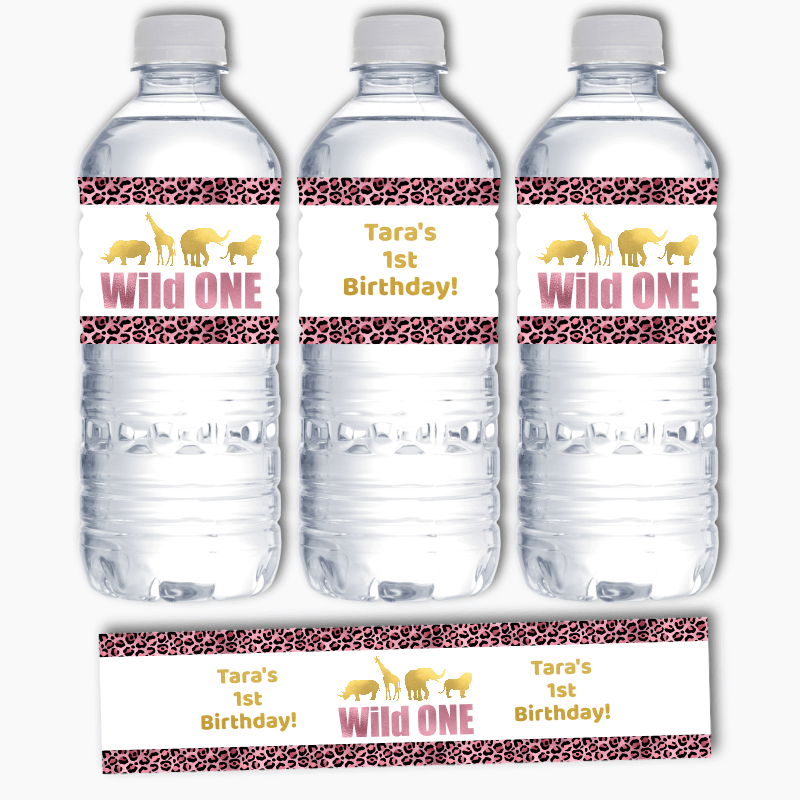 Personalised Rose Pink &amp; Gold Wild One Birthday Party Water Bottle Labels