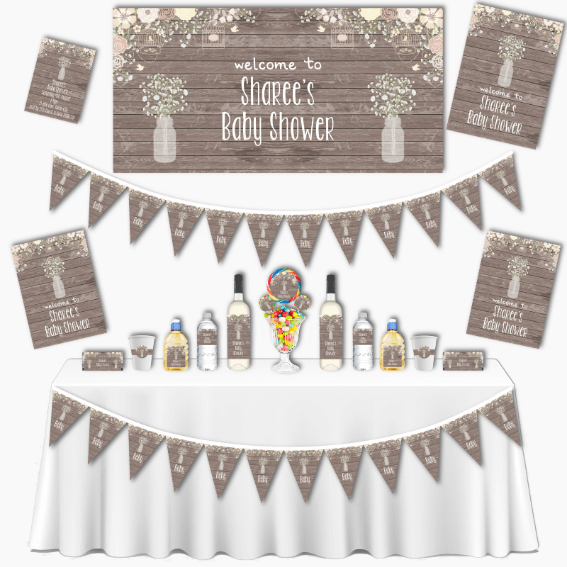 Personalised Rustic Timber &amp; Baby&#39;s Breath Grand Baby Shower Decorations Pack