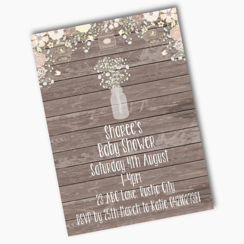 Personalised Rustic Timber &amp; Baby&#39;s Breath Baby Shower Invites