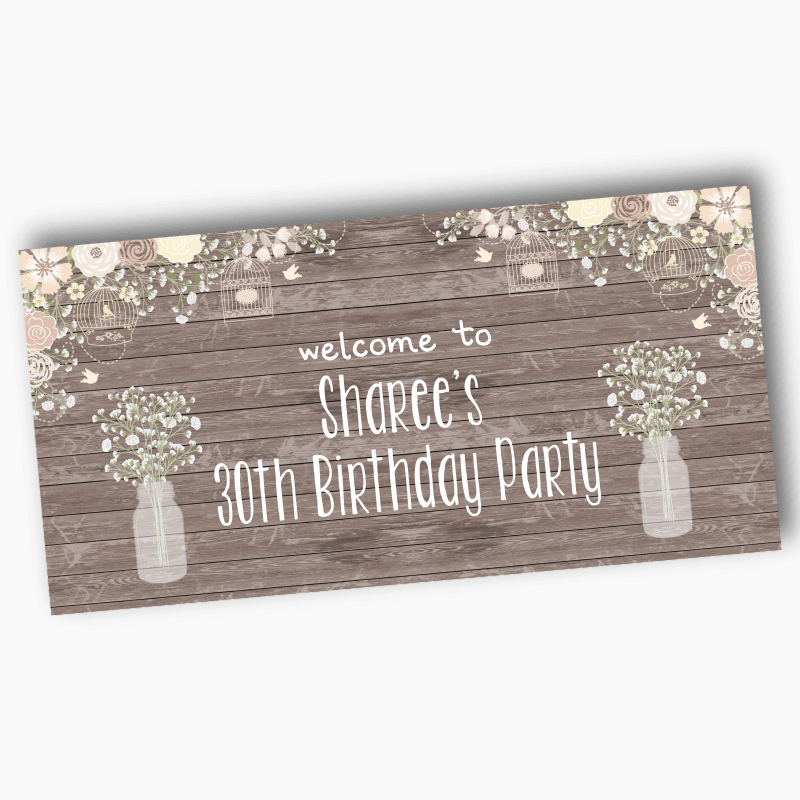 Personalised Rustic Timber &amp; Baby&#39;s Breath Party Banner