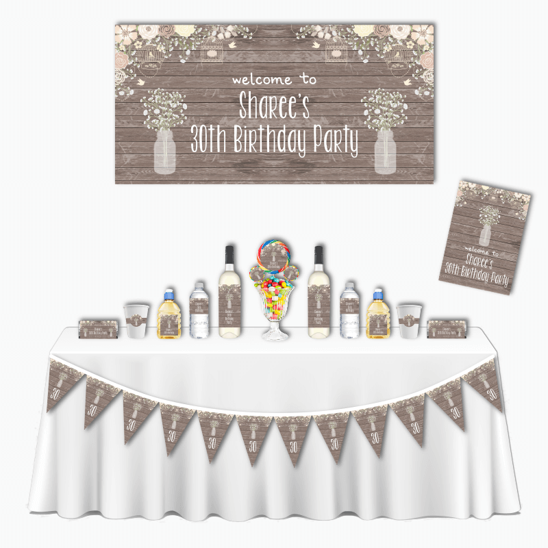 Personalised Rustic Timber &amp; Baby&#39;s Breath Deluxe Birthday Party Decorations Pack