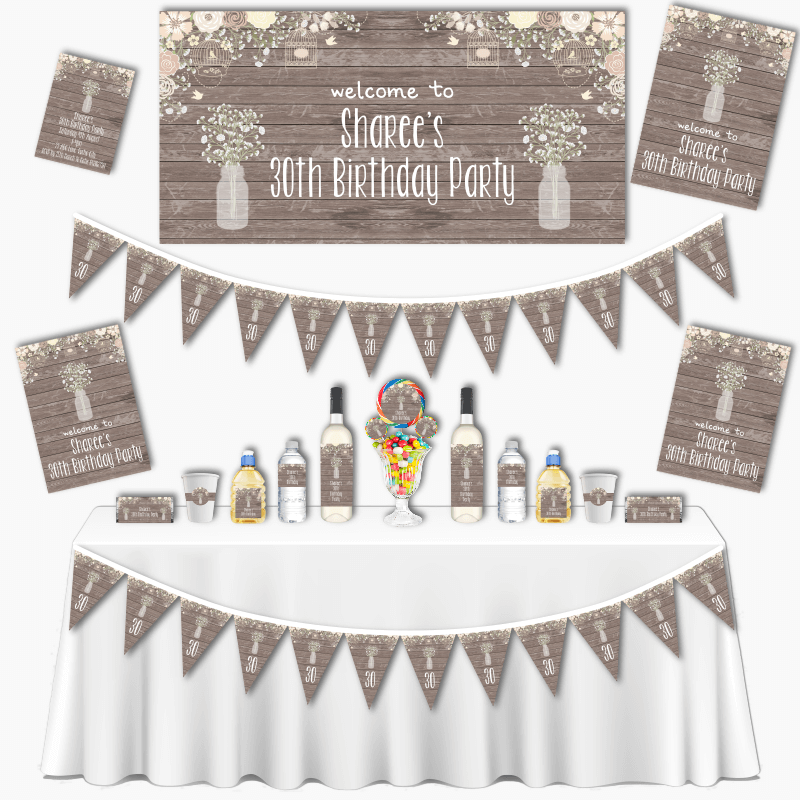 Personalised Rustic Timber &amp; Baby&#39;s Breath Grand Birthday Party Decorations Pack