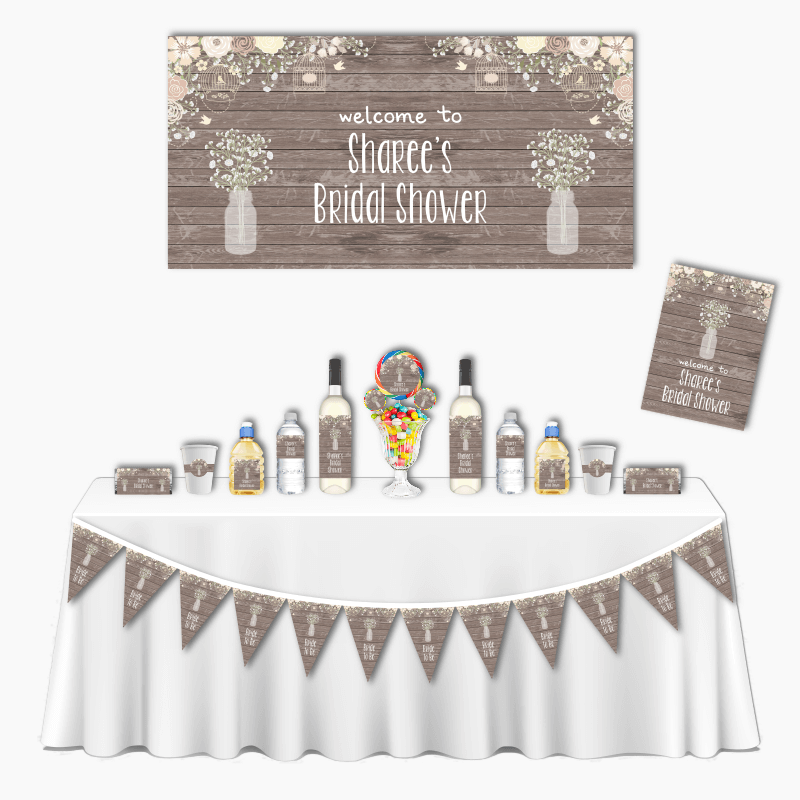 Personalised Rustic Timber &amp; Baby&#39;s Breath Deluxe Bridal Shower Decorations Pack