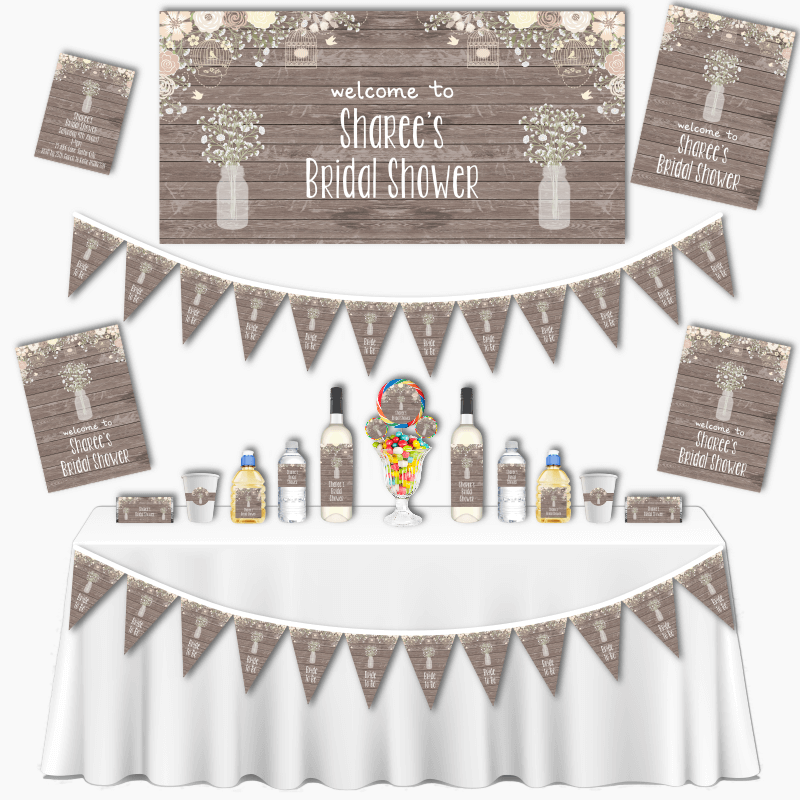 Personalised Rustic Timber &amp; Baby&#39;s Breath Grand Bridal Shower Decorations Pack