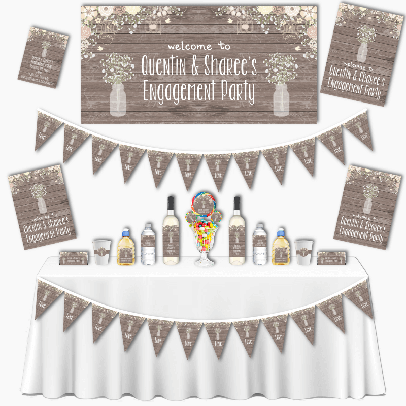 Personalised Rustic Timber &amp; Baby&#39;s Breath Grand Engagement Party Decorations Pack
