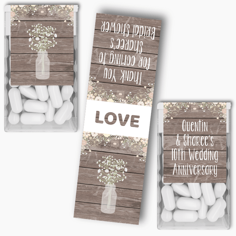 Personalised Rustic Timber &amp; Baby&#39;s Breath Party Tic Tac Label Set