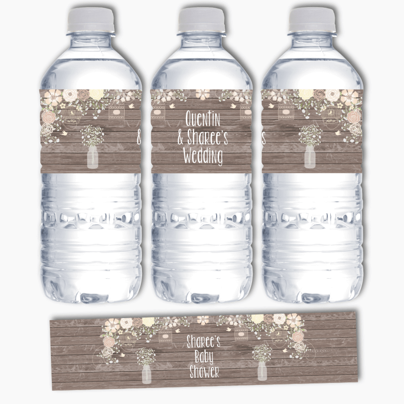 Personalised Rustic Timber &amp; Baby&#39;s Breath Party Water Bottle Labels