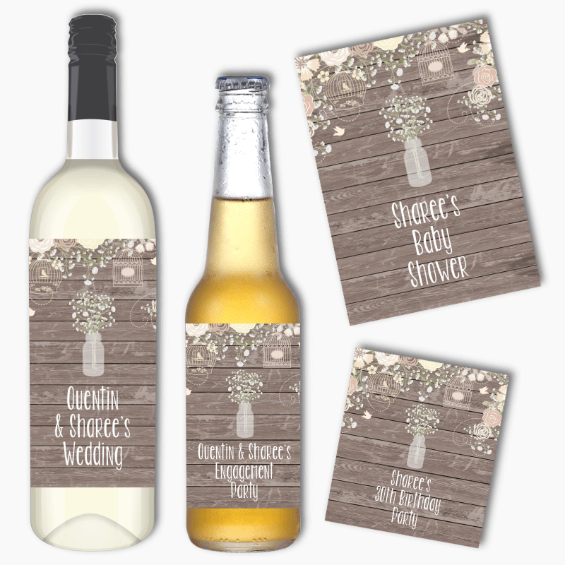 Personalised Rustic Timber &amp; Baby&#39;s Breath Party Wine &amp; Beer Labels