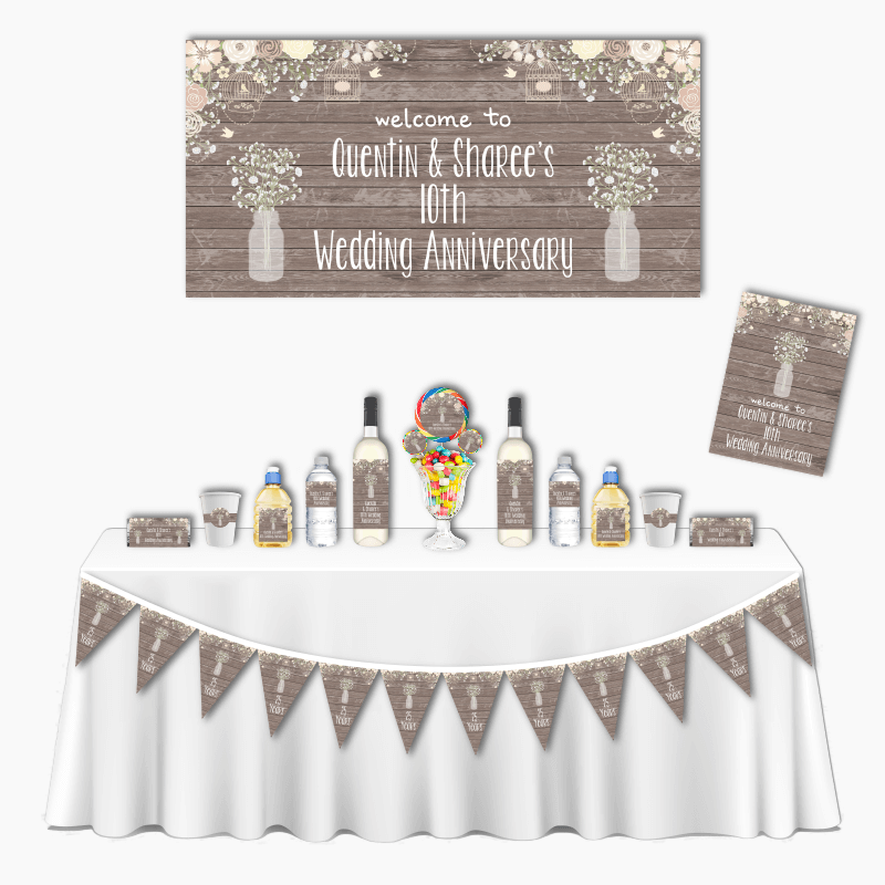 Personalised Rustic Timber &amp; Baby&#39;s Breath Deluxe Wedding Anniversary Decorations Pack