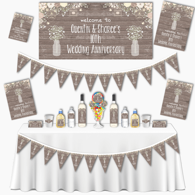 Personalised Rustic Timber &amp; Baby&#39;s Breath Grand Wedding Anniversary Decorations Pack