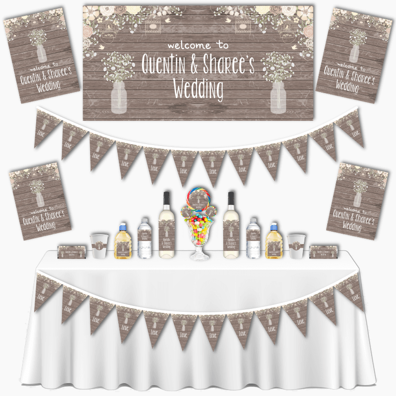 Personalised Rustic Timber &amp; Baby&#39;s Breath Grand Wedding Decorations Pack