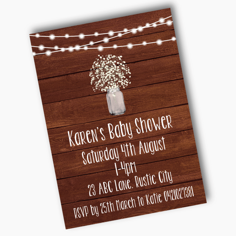 Personalised Rustic Timber &amp; Fairy Lights Baby Shower Invites