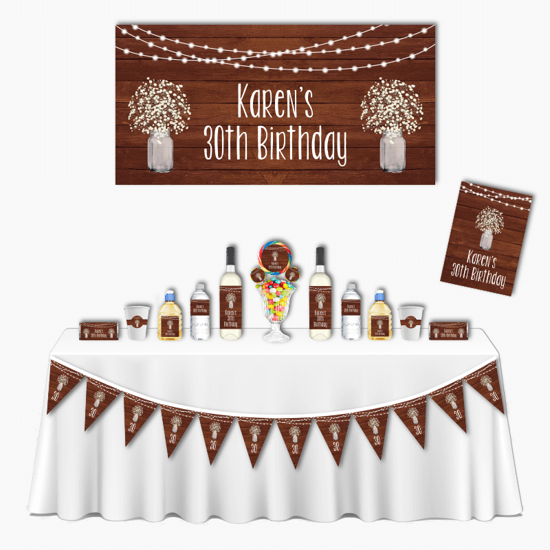 Personalised Rustic Timber &amp; Fairy Lights Deluxe Birthday Party Decorations Pack