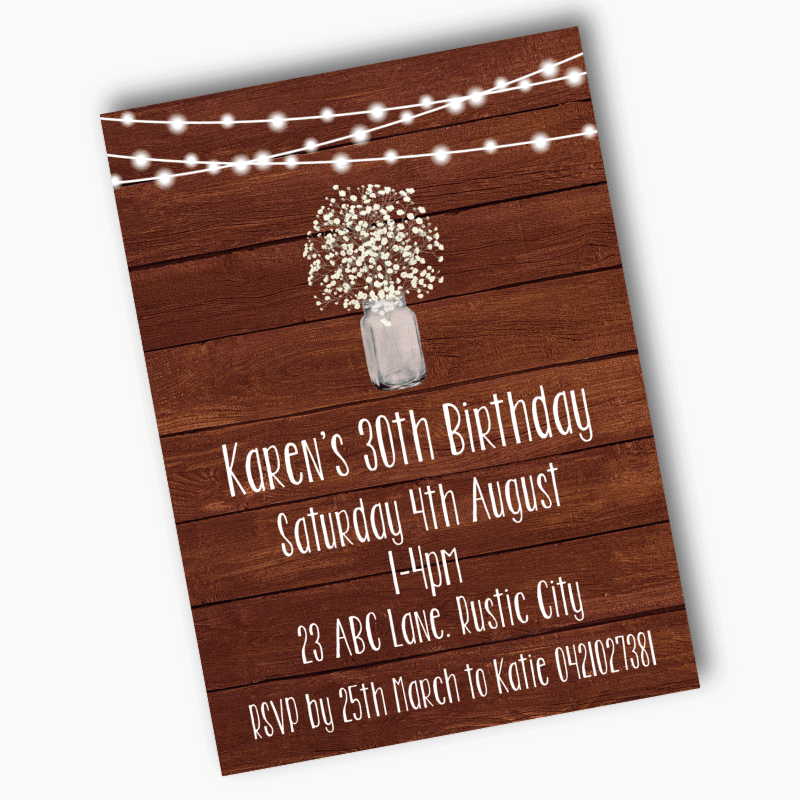 Personalised Rustic Timber &amp; Fairy Lights Birthday Party Invites