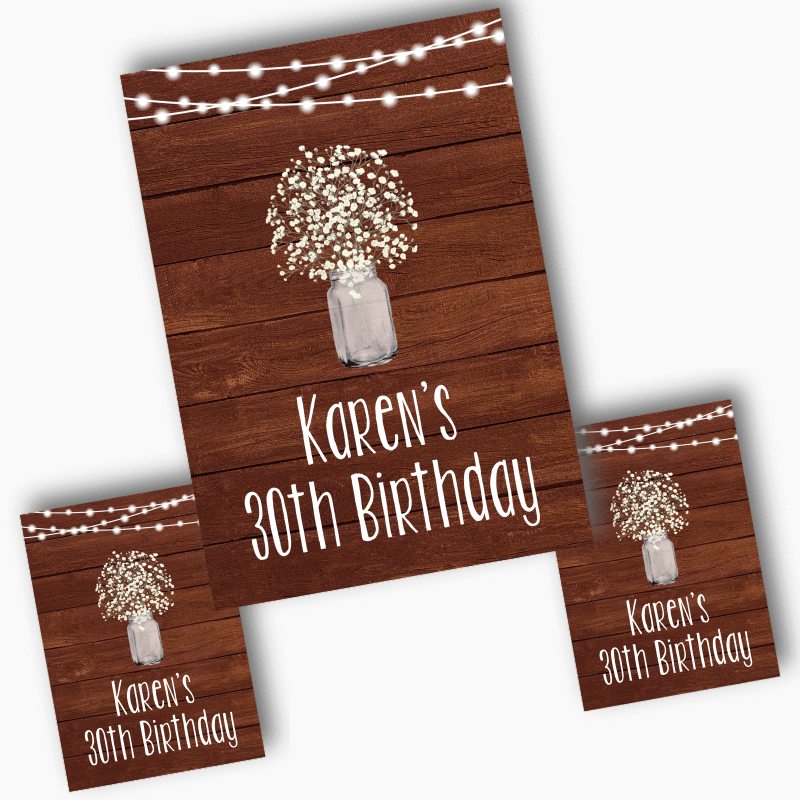 Personalised Rustic Timber &amp; Fairy Lights Birthday Party Posters