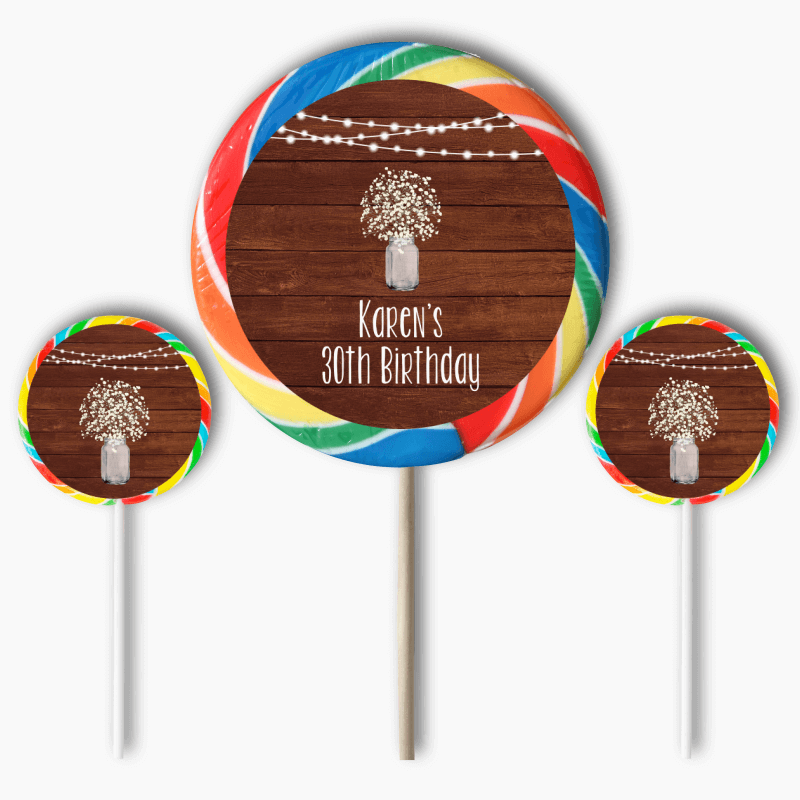 Personalised Rustic Timber &amp; Fairy Lights Birthday Party Round Lollipop Stickers