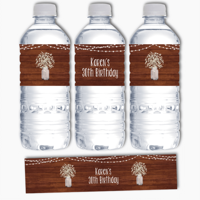 Personalised Rustic Timber &amp; Fairy Lights Birthday Party Water Labels