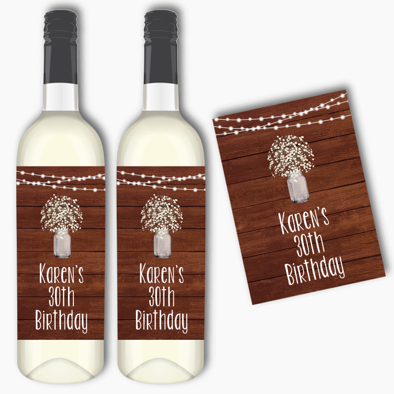 Personalised Rustic Timber &amp; Fairy Lights Birthday Party Wine Labels