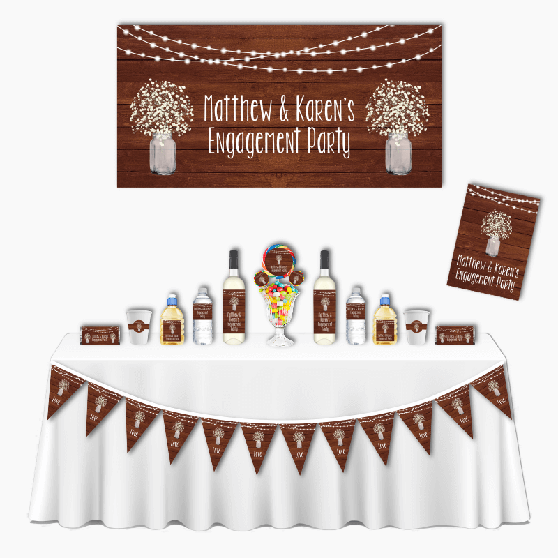 Personalised Rustic Timber &amp; Fairy Lights Deluxe Engagement Party Decorations Pack
