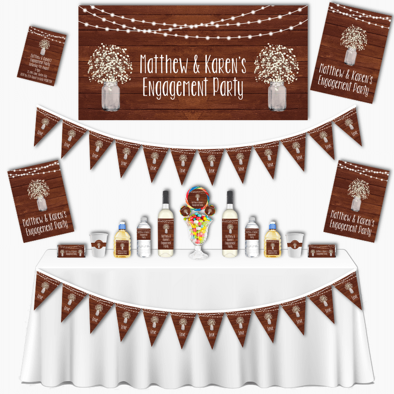 Personalised Rustic Timber &amp; Fairy Lights Grand Engagement Party Decorations Pack