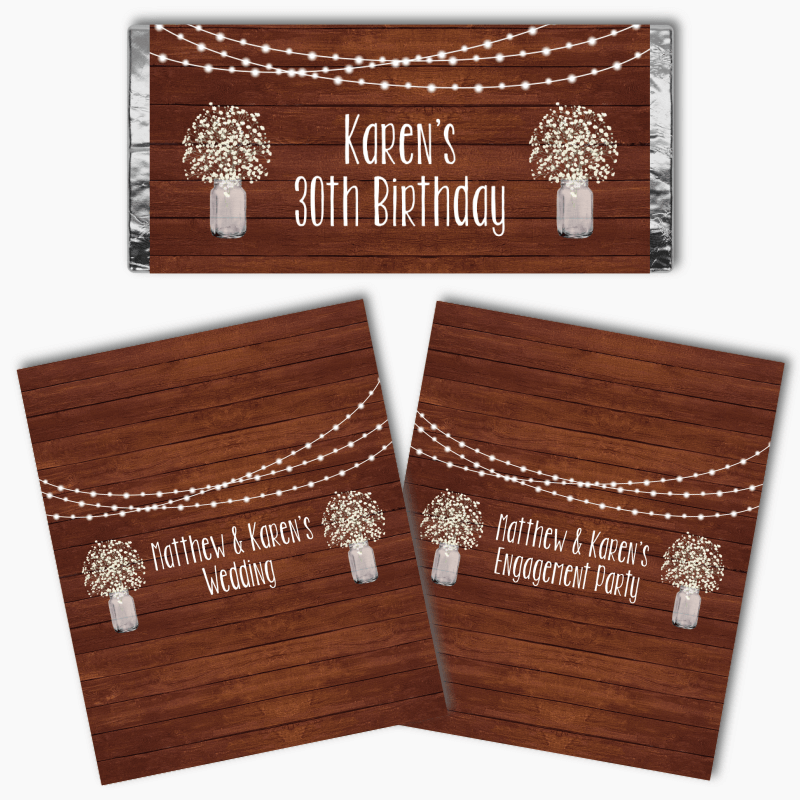 Personalised Rustic Timber &amp; Fairy Lights Party Mini Chocolate Labels