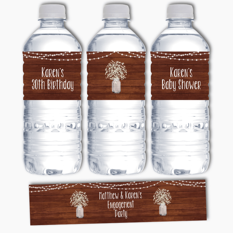 Personalised Rustic Timber &amp; Fairy Lights Party Water Bottle Labels