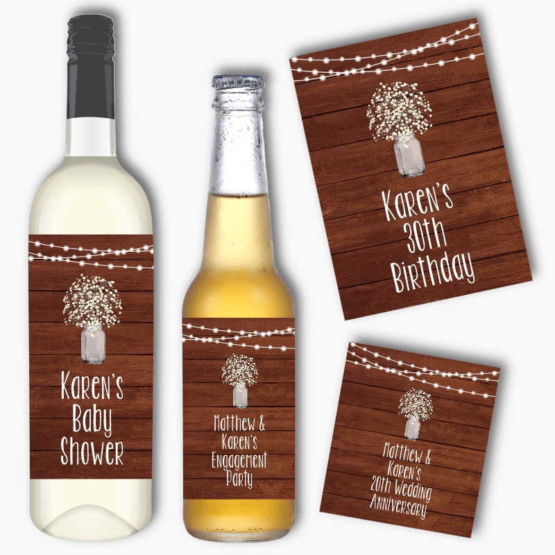 Personalised Rustic Timber &amp; Fairy Lights Party Wine &amp; Beer Labels