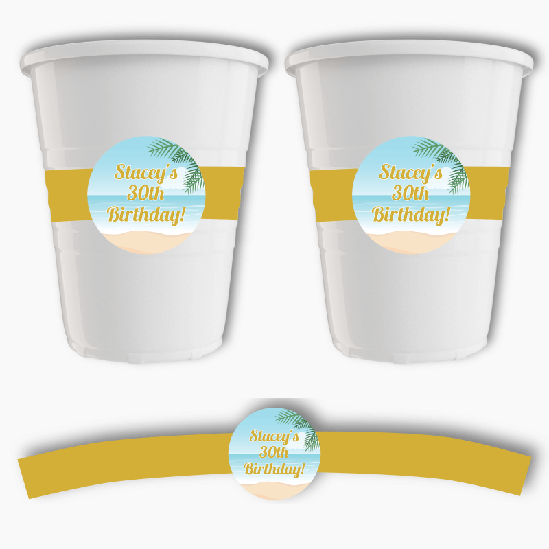 Personalised Sandy Tropical Beach Party Cup Stickers