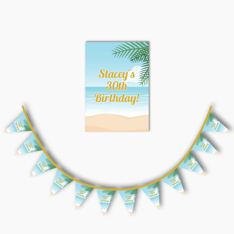 Personalised Sandy Tropical Beach Party Poster &amp; Bunting Combo