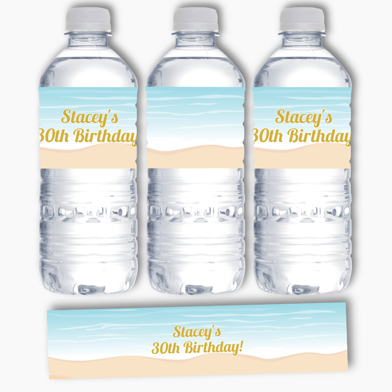 Sandy Print Label Beautiful Personalised Sandy Beach Party Water Labels - Katie J Design ...