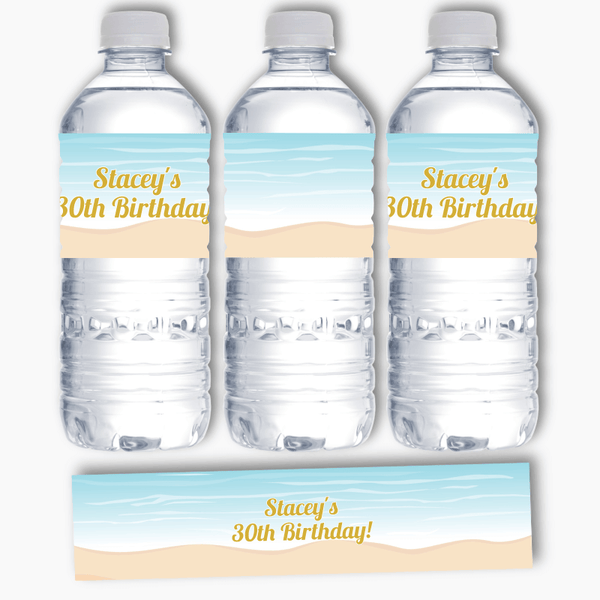 Beautiful Personalised Sandy Beach Party Water Labels - Katie J Design ...