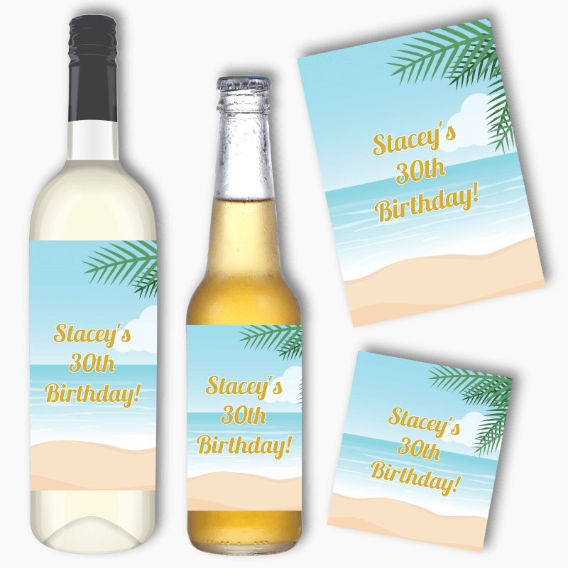 Personalised Sandy Tropical Beach Party Wine &amp; Beer Labels
