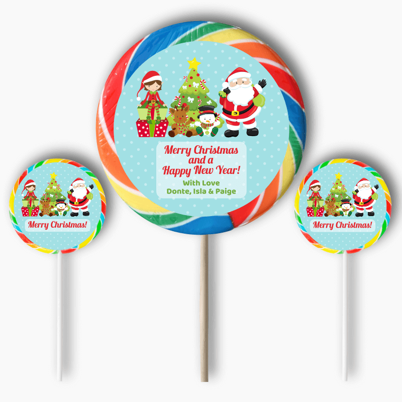 Personalised Santa and Friends Christmas Gift Round Stickers