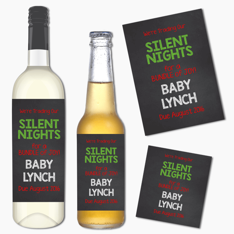 Silent Nights Christmas Pregnancy Announcement Wine &amp; Beer Labels