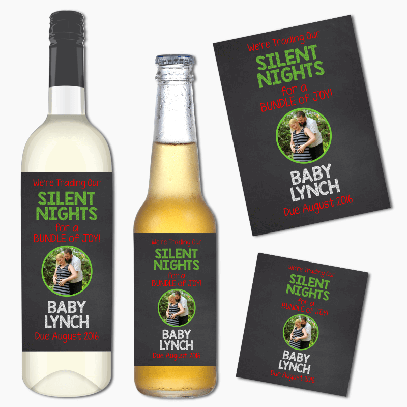 Silent Nights Christmas Pregnancy Announcement Wine &amp; Beer Labels with Photo