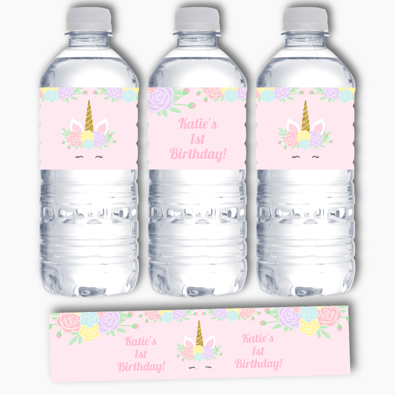 Personalised Sleeping Unicorn Birthday Party Water Bottle Labels