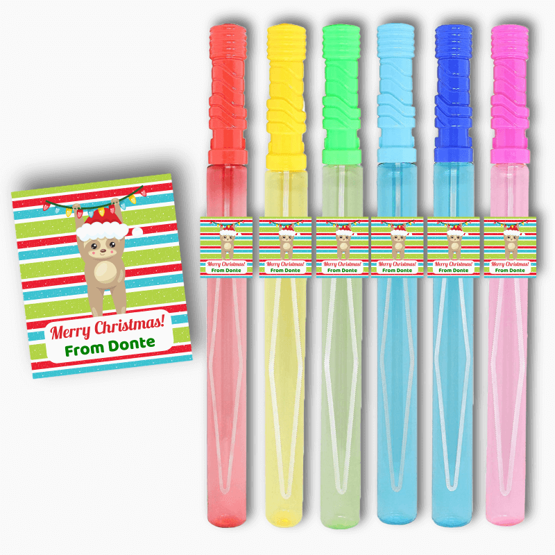 Personalised Sloth Christmas Gift Rectangle Bubble Wand Stickers