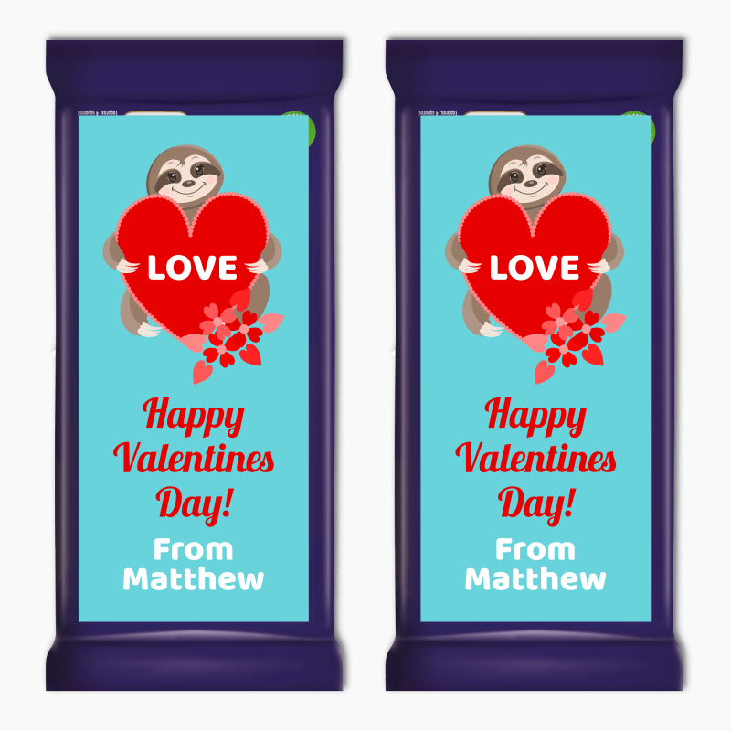 Personalised Sloth Valentines Day Gift Cadbury Chocolate Labels