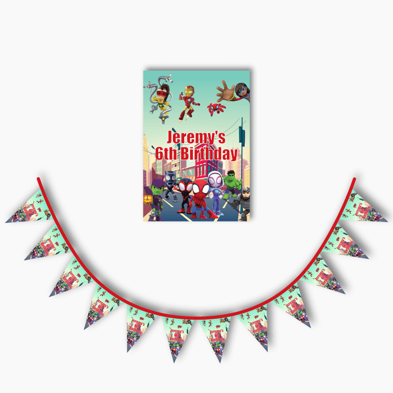 Personalised Spidey &amp; Friends Party Poster &amp; Bunting Combo