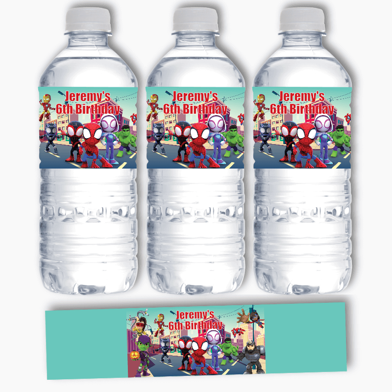 Personalised Spidey &amp; Friends Party Water Bottle Labels