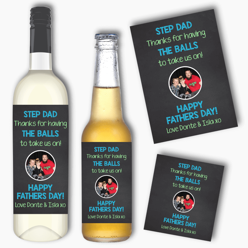 Step Dad Thanks for Having the Balls Fathers Day Gift Wine &amp; Beer Labels with Photo
