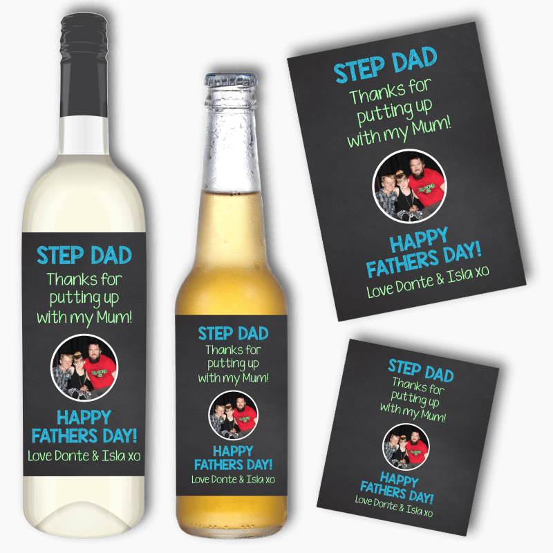 Step Dad Thanks for Putting Up with Mum Fathers Day Gift Wine &amp; Beer Labels with Photo