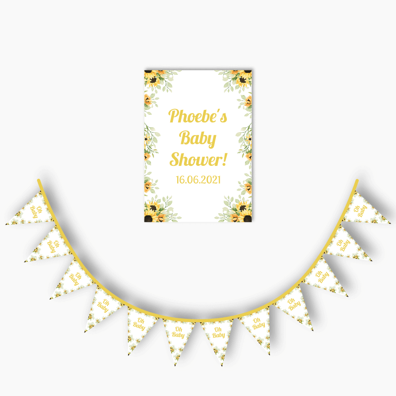 Personalised Sunflower Baby Shower Poster & Flag Bunting Combo