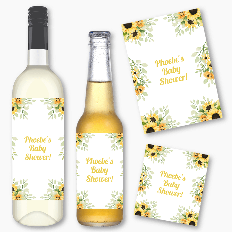 Personalised Sunflower Baby Shower Wine &amp; Beer Labels